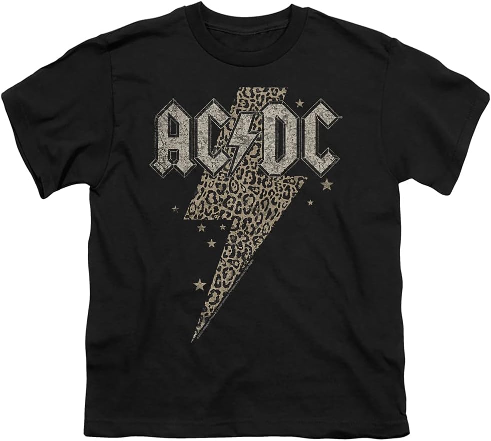 AC/DC Leopard Bolt Youth Unisex Boy Girl Short Sleeve Graphic T-Shirt Black