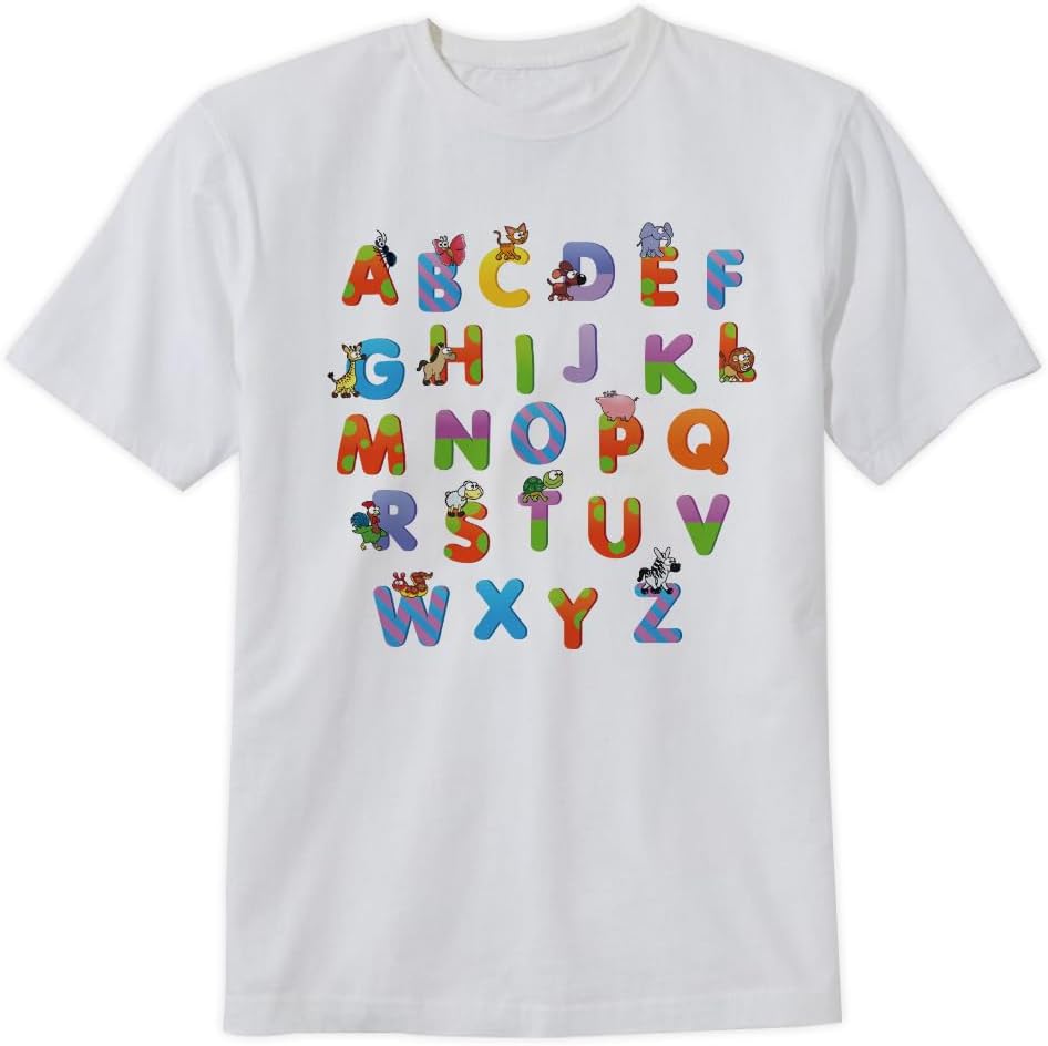 Cute 26 Letters English Language Alphabet T-Shirt 26 Letters of Cute Animal Design Tee Short Sleeve Unisex Shirt