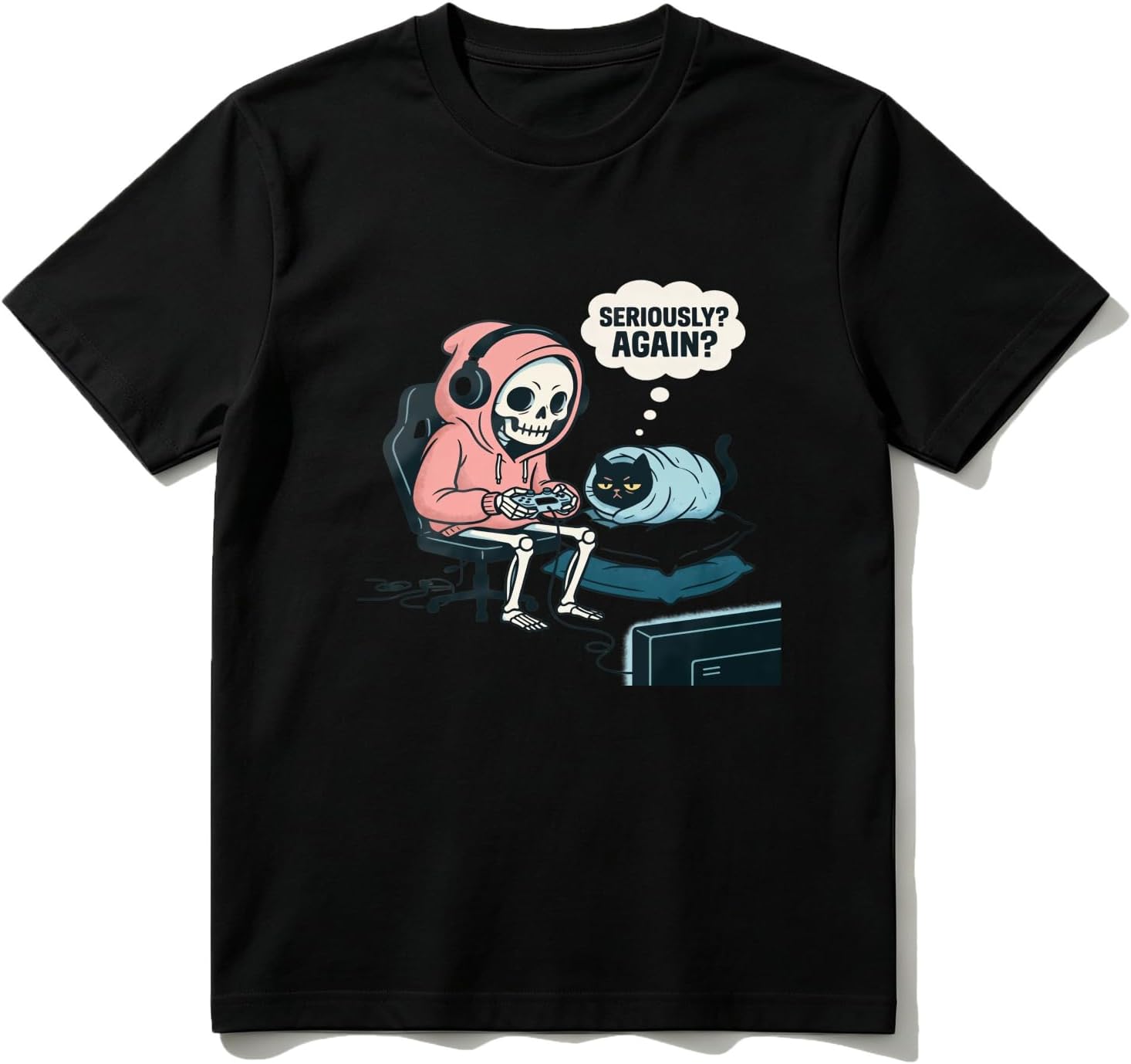 Cotton T-Shirt Skeleton Gaming with Cat Graphic Tee – Funny Gamer & Pet Lover Casual Soft Crewneck Top for Men Women
