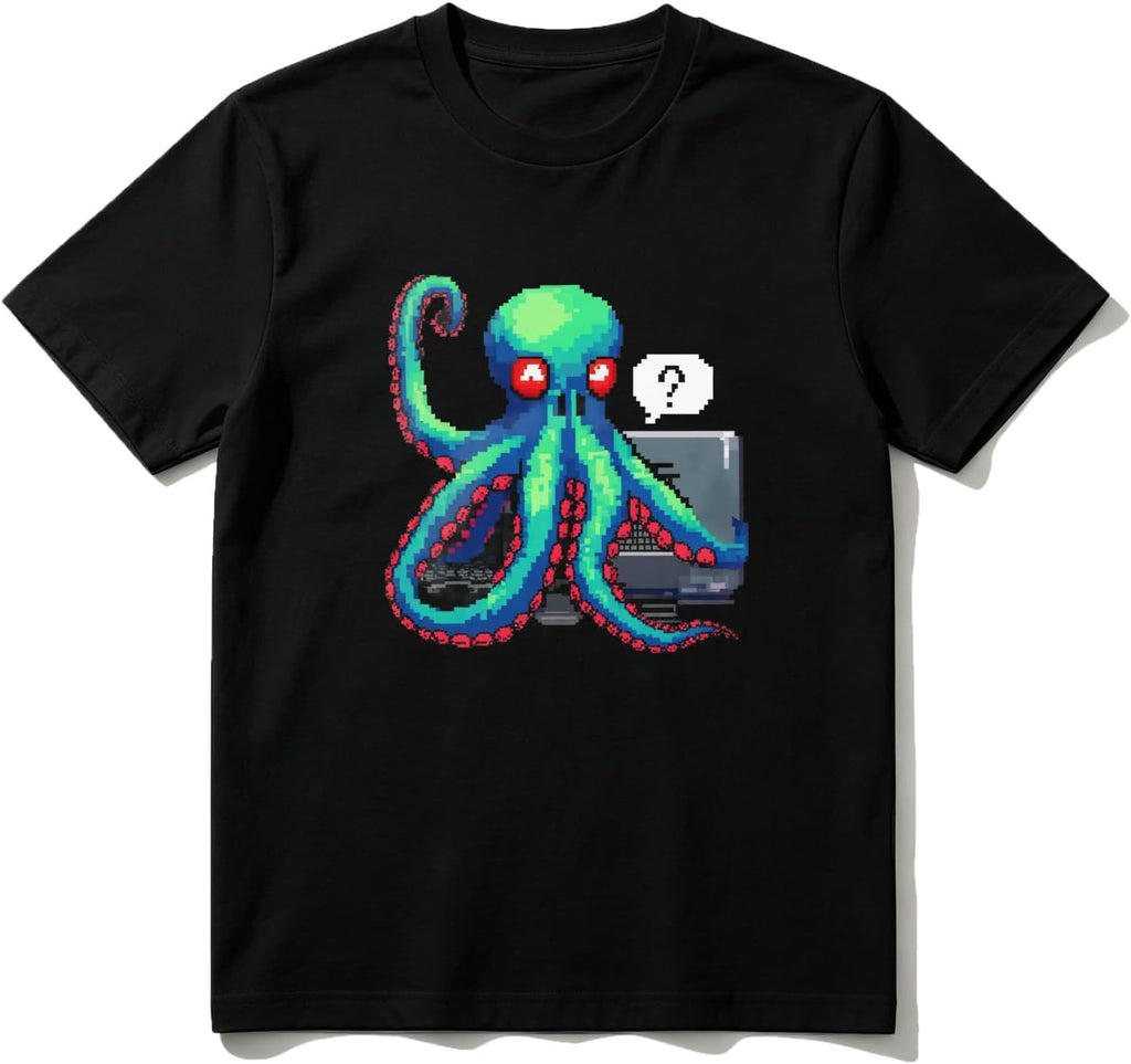 Cotton T-Shirt Octopus with Laptop and Red Eyes Casual Soft Crewneck Top
