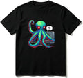 Cotton T-Shirt Octopus with Laptop and Red Eyes Casual Soft Crewneck Top