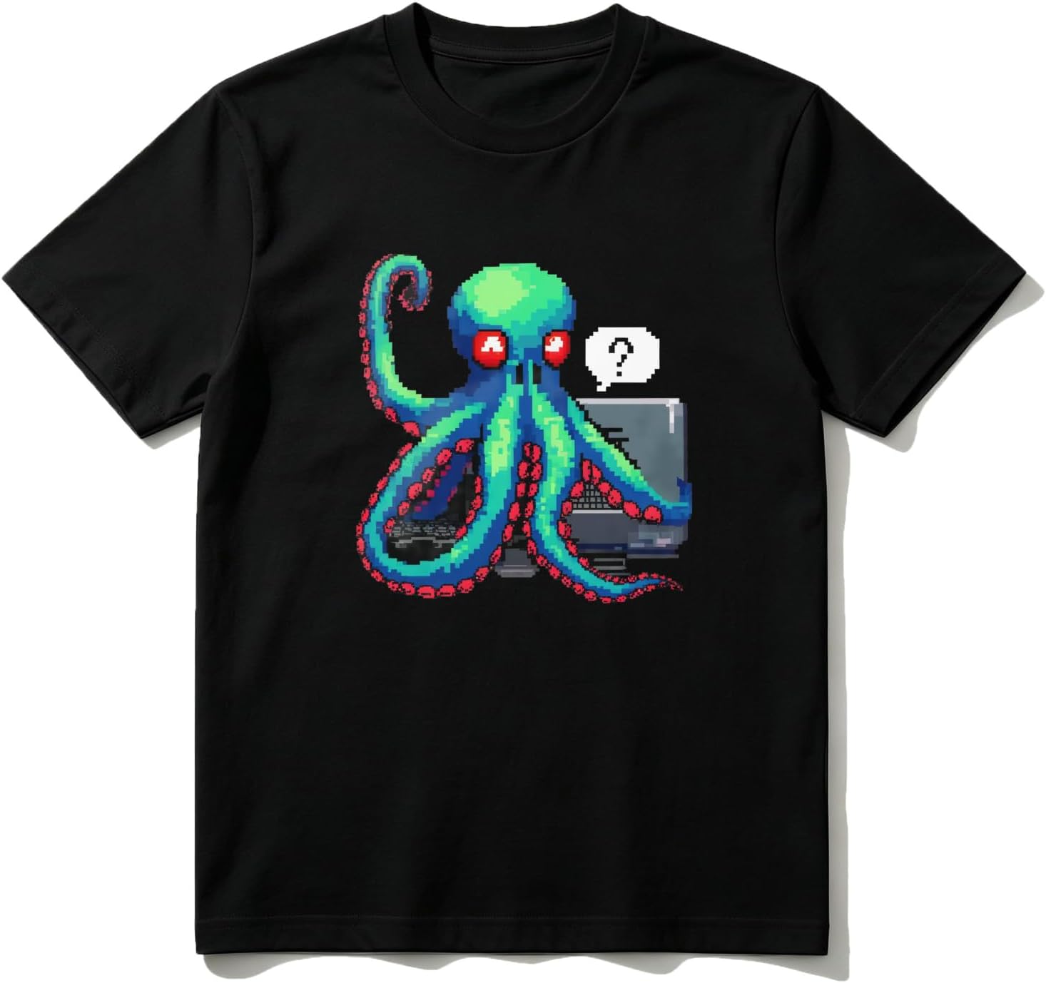 Cotton T-Shirt Octopus with Laptop and Red Eyes Casual Soft Crewneck Top