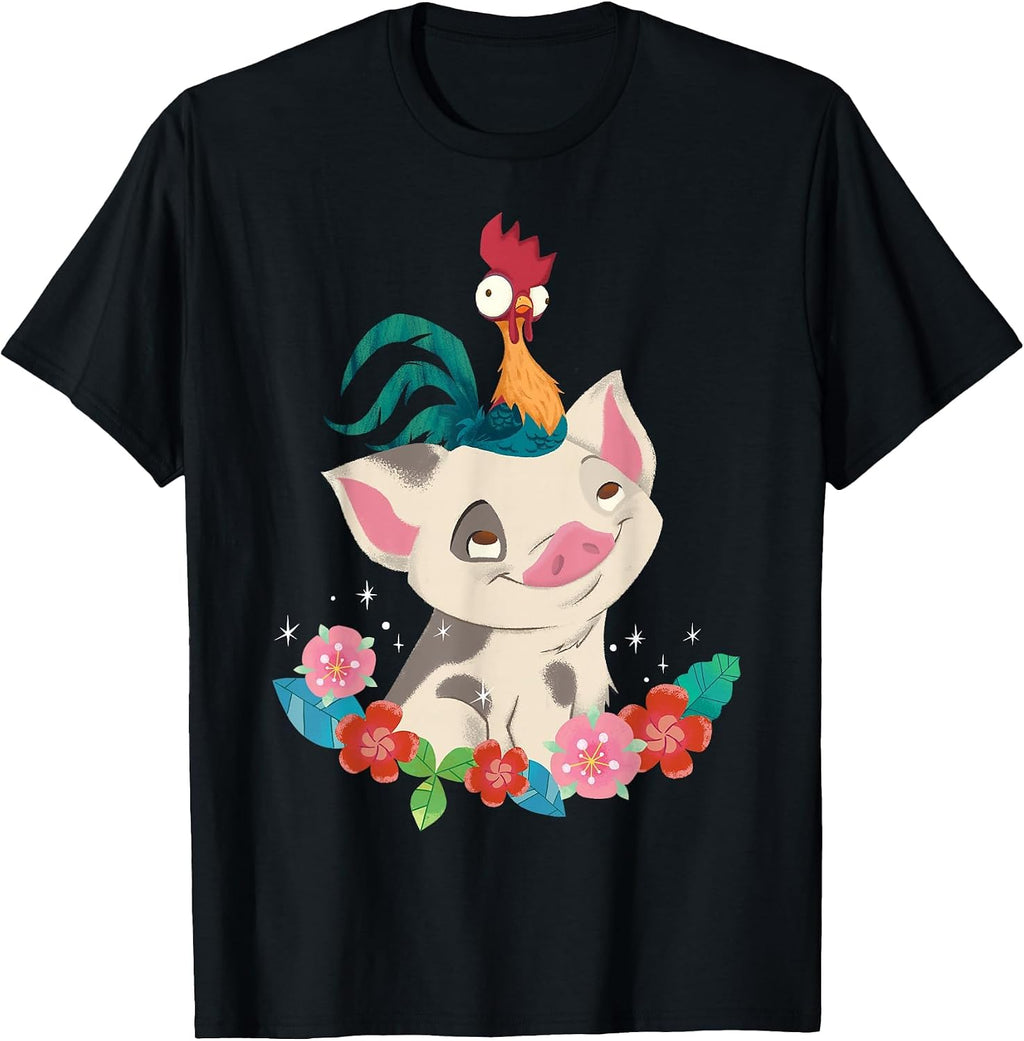 Disney Moana HEI HEI Rooster Pua Flowers Sketch Portrait T-Shirt