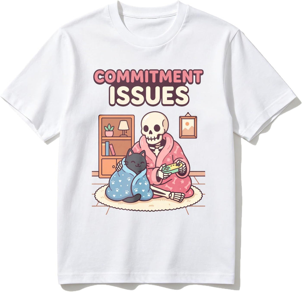 Cotton T-Shirt Skeleton and Cat on Rug Graphic Tee Funny Bonehead & Pet Lover Casual Soft Crewneck Top for Men Women