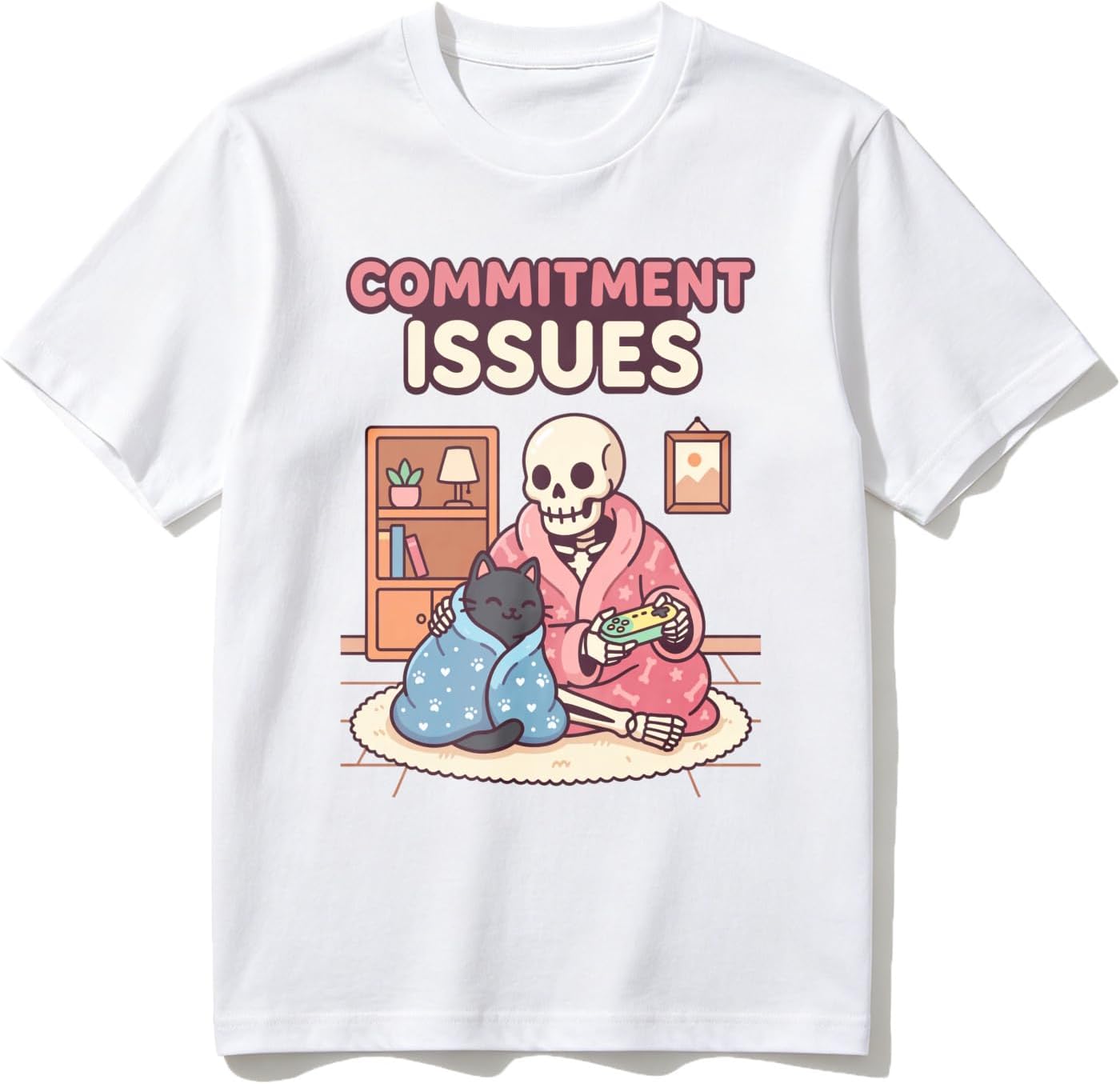 Cotton T-Shirt Skeleton and Cat on Rug Graphic Tee Funny Bonehead & Pet Lover Casual Soft Crewneck Top for Men Women