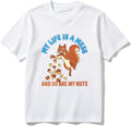 Cotton T-Shirt Funny Squirrel Dropping Holding Acorns Nuts Emergency Crisis Alert Graphic Tee Casual Soft Crewneck Top