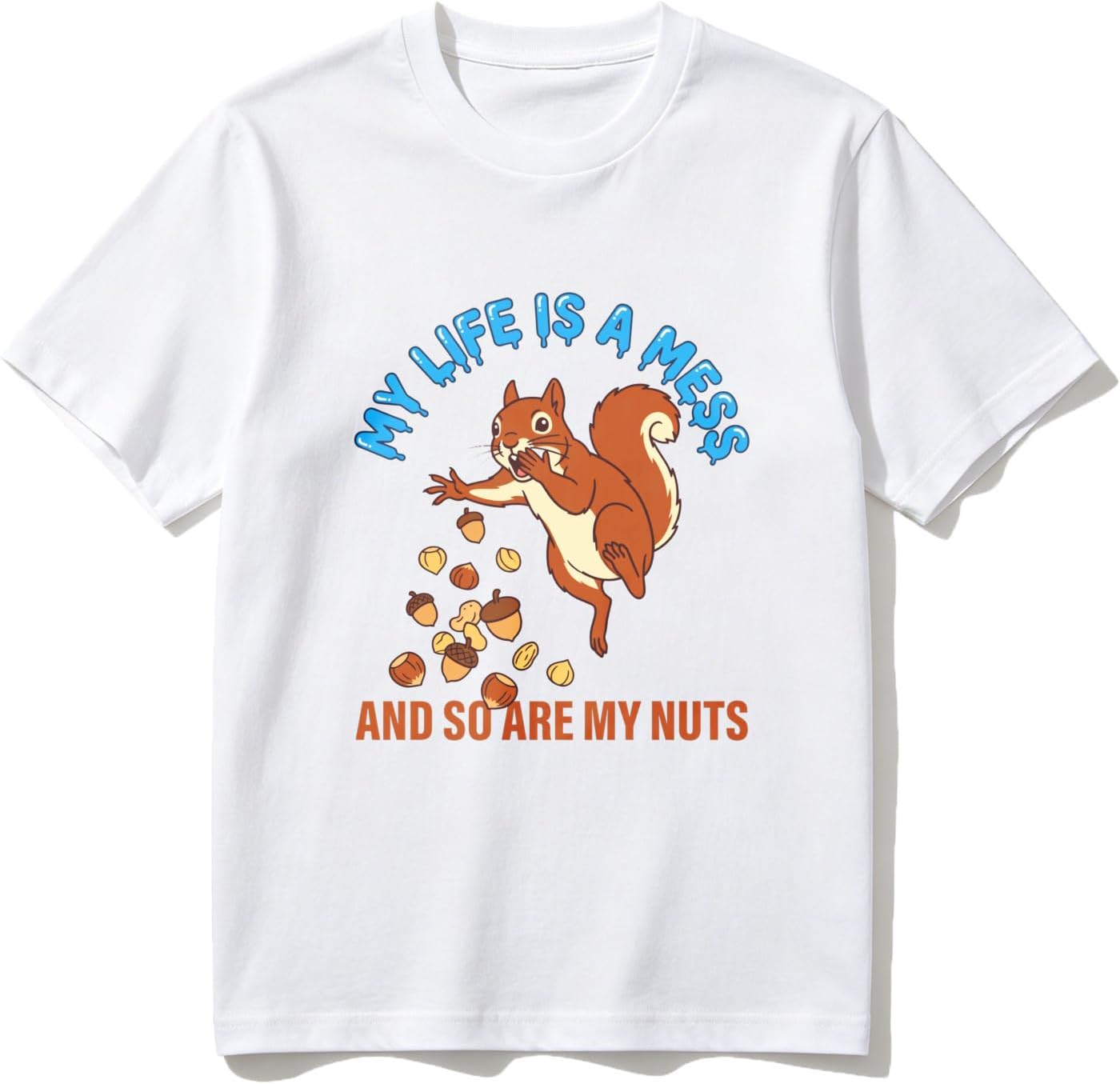 Cotton T-Shirt Funny Squirrel Dropping Holding Acorns Nuts Emergency Crisis Alert Graphic Tee Casual Soft Crewneck Top