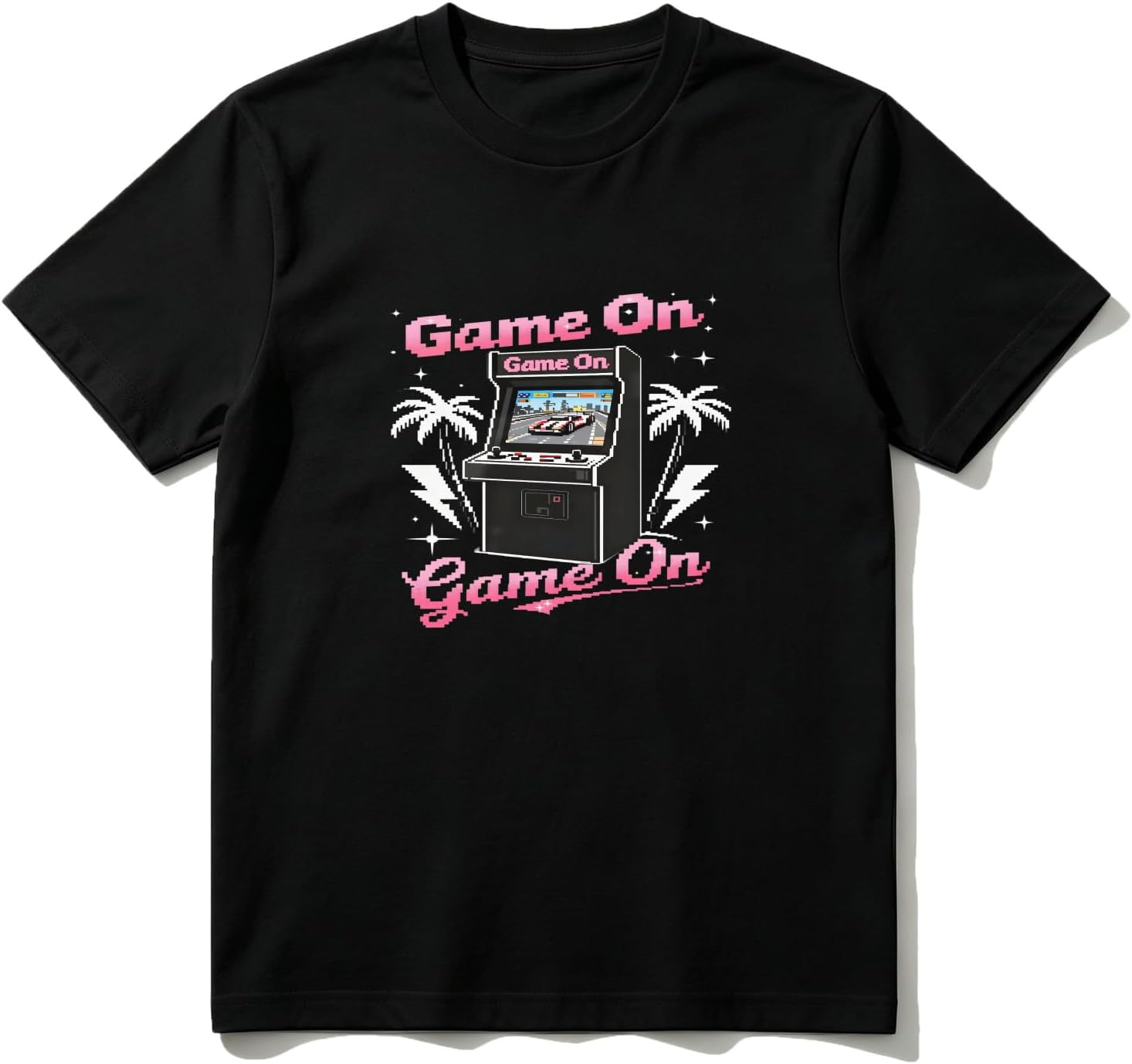 Cotton T-Shirt Game On Arcade Palm Trees Lightning Casual Soft Crewneck Top