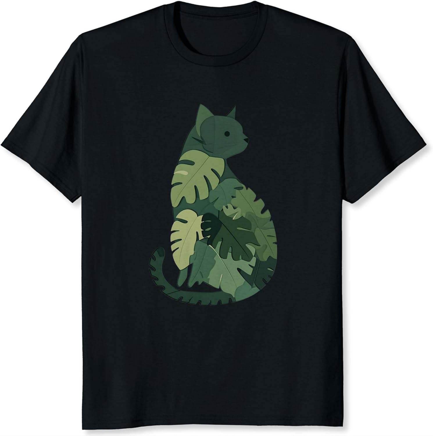 Leaf Cat Graphic Shirt Green Botanical Cat Silhouette Illustration Tee Tropical Plant Leaf Shirt