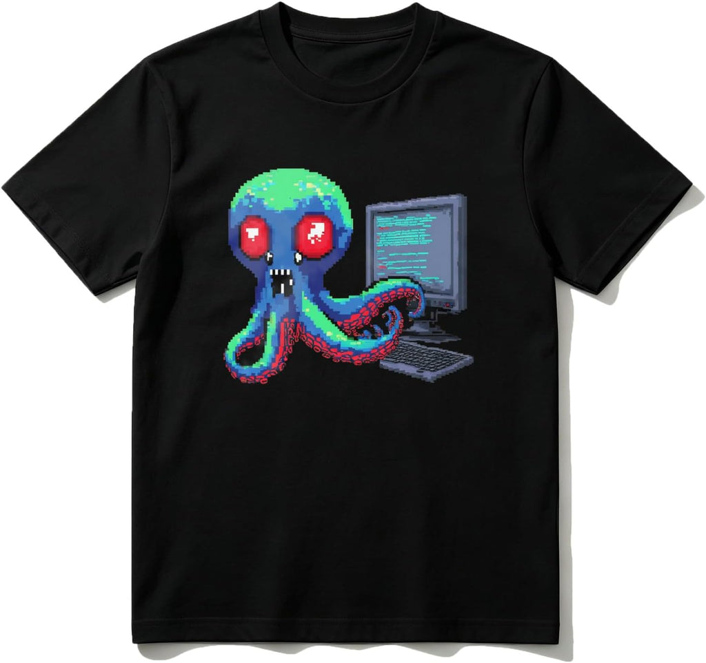 Cotton T-Shirt Octopus with Laptop and Red Eyes Casual Soft Crewneck Top