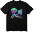 Cotton T-Shirt Octopus with Laptop and Red Eyes Casual Soft Crewneck Top