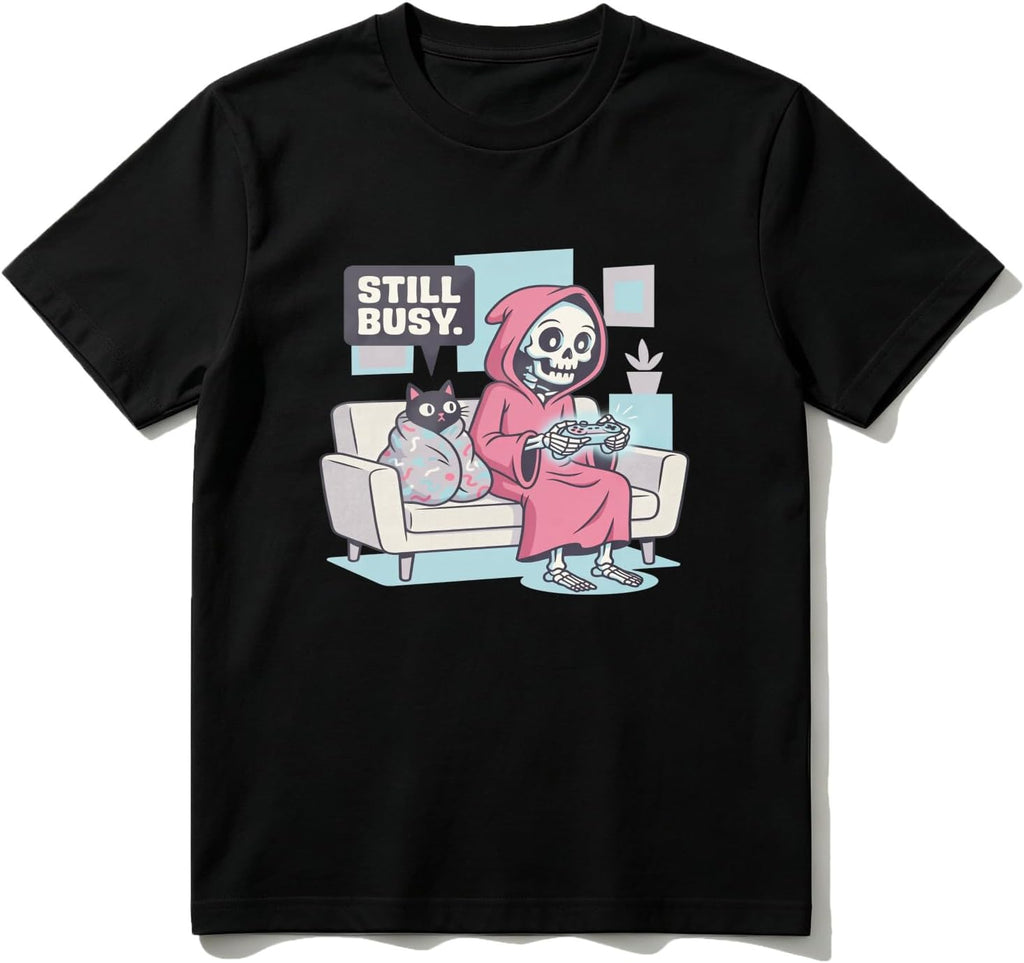 Cotton T-Shirt Skeleton Playing Game with Cat Casual Soft Crewneck Top