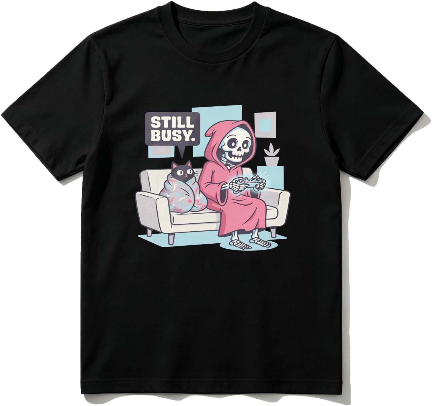 Cotton T-Shirt Skeleton Playing Game with Cat Casual Soft Crewneck Top