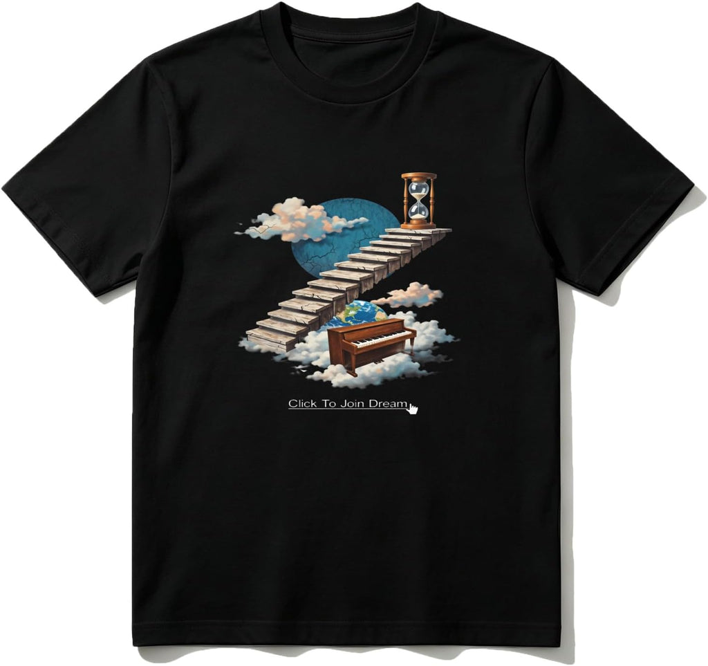 Cotton T-Shirt Stairway to Dream Piano Clouds Hourglass Casual Soft Crewneck Top
