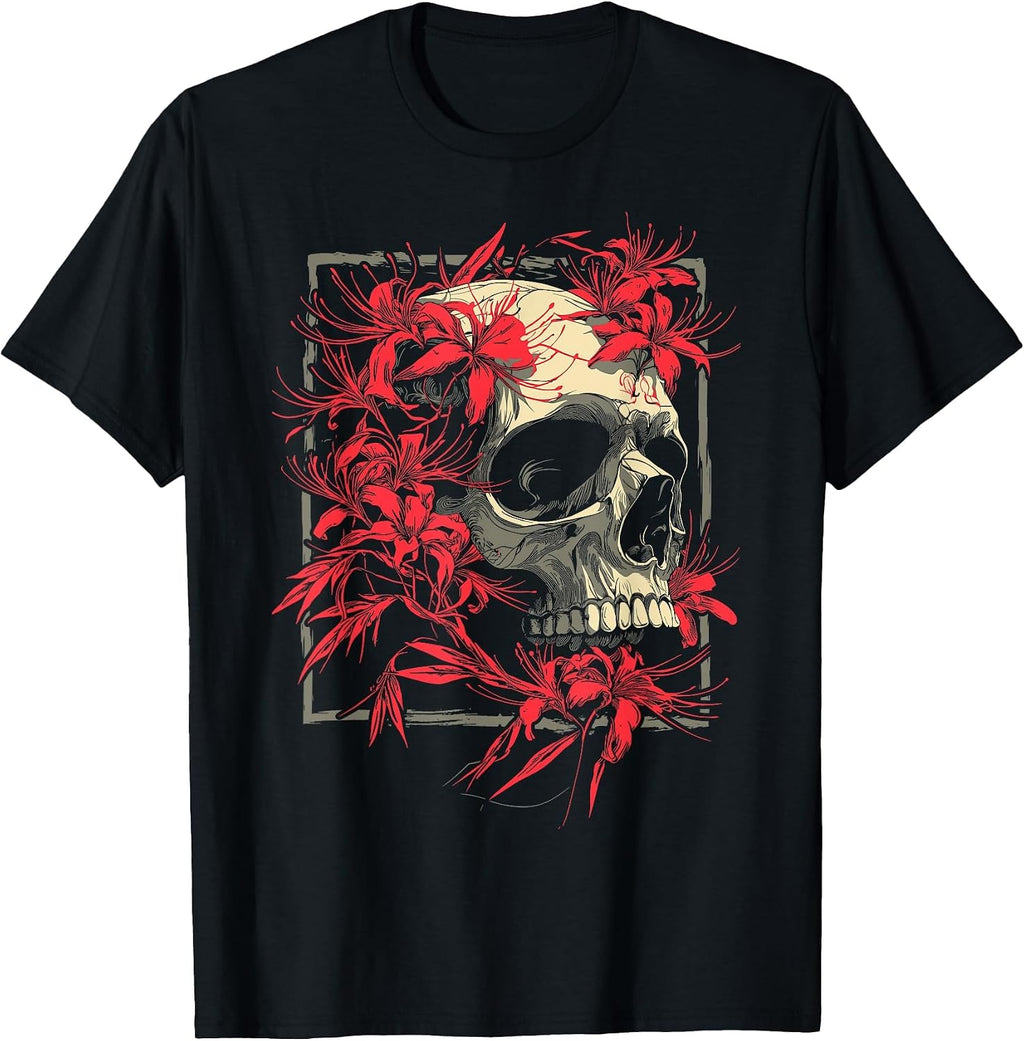 Red Spider Lily Flower Skull Skeleton Japanese Anime Otaku T-Shirt