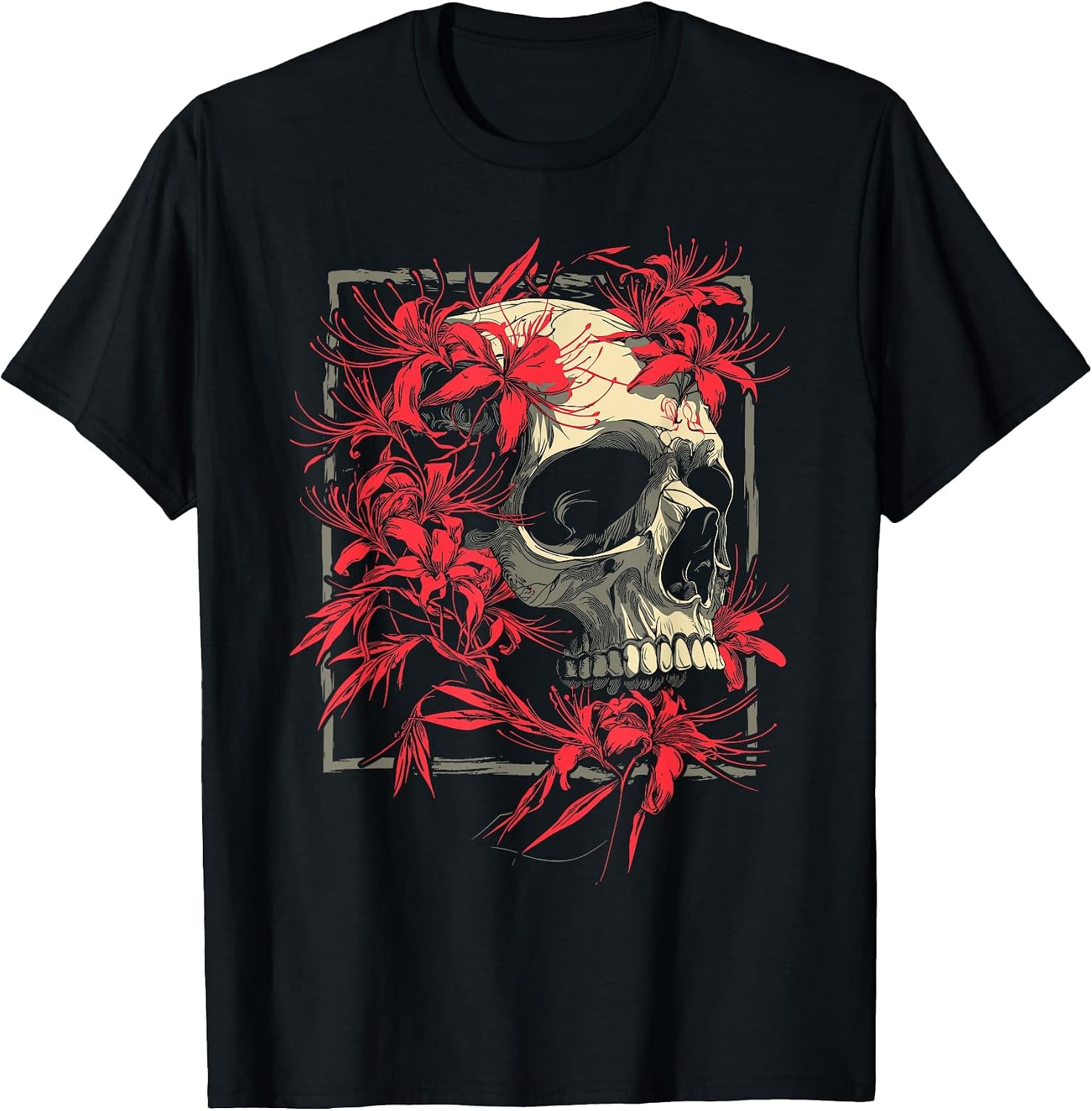 Red Spider Lily Flower Skull Skeleton Japanese Anime Otaku T-Shirt