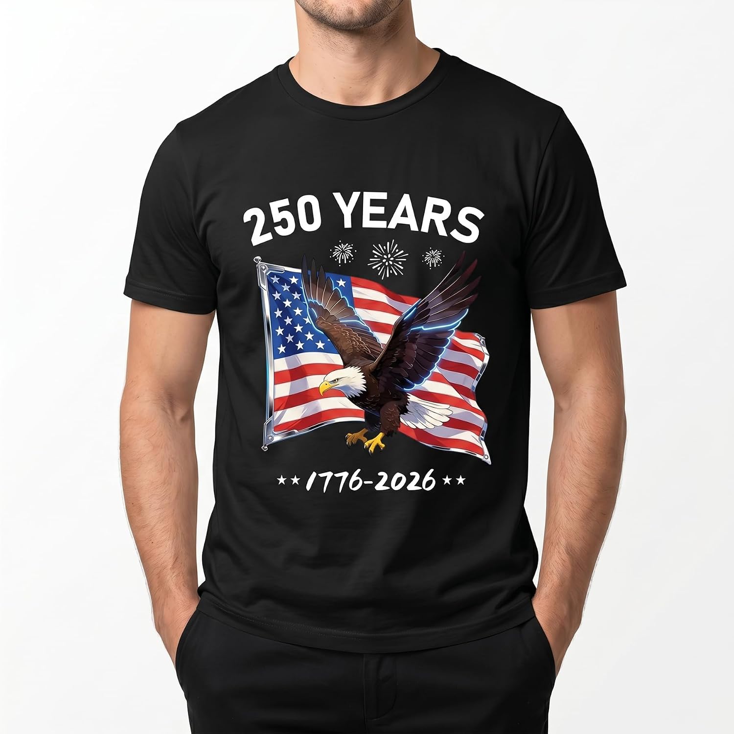 100% Cotton Shirt for Men & Women Patriotic Shirts | Daily Casual & Collectible Top - Eagle & Flag Design | 250th Anniversary USA Memorial Collector's Edition, Black