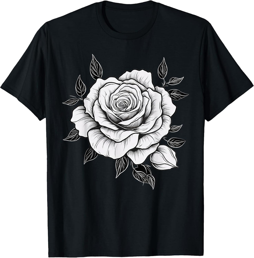 Minimalistic Rose Flower on Black and White Rose T-Shirt