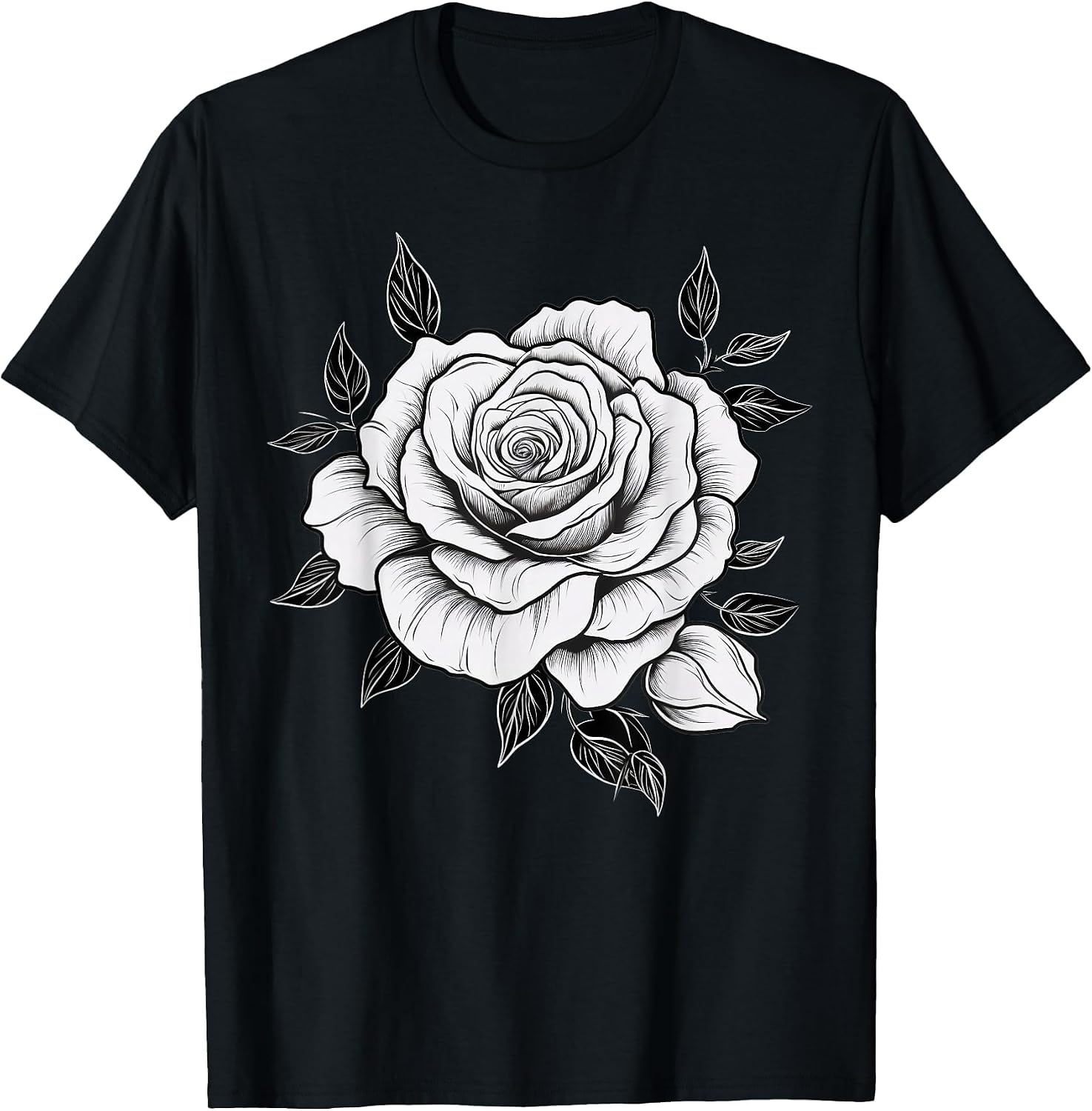 Minimalistic Rose Flower on Black and White Rose T-Shirt