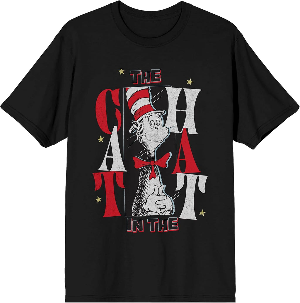 The Cat in The Hat Stars Adult Black Crew Neck Short Sleeve T-Shirt