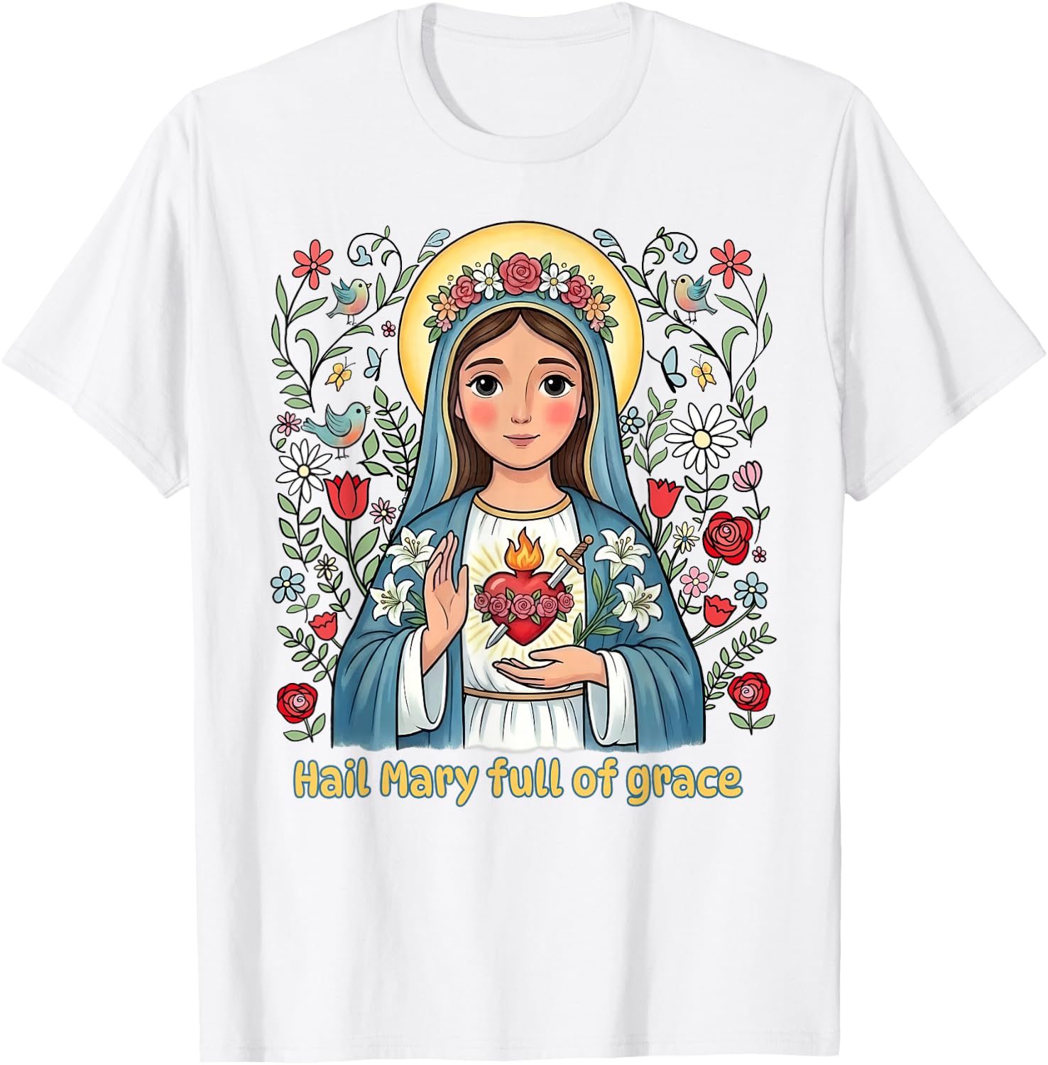 Beautiful Catholic Hail Mary Full of Grace Floral Kids T-Shirt