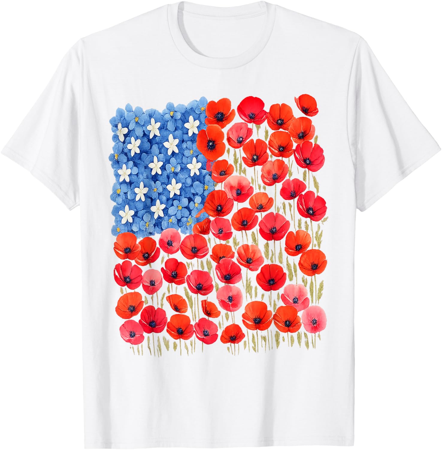 Patriotic Poppies & Hydrangeas Flowers in Floral US Flag T-Shirt
