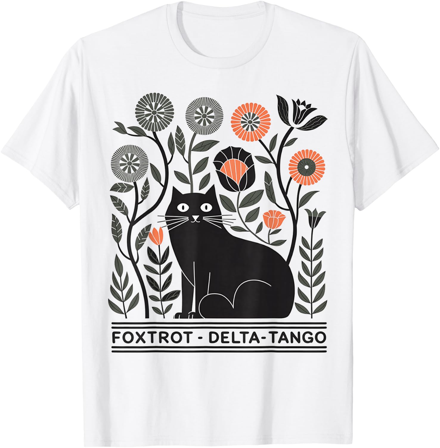 Retro Foxtrots Deltas Tangos Flower Art Cat in Flowers T-Shirt