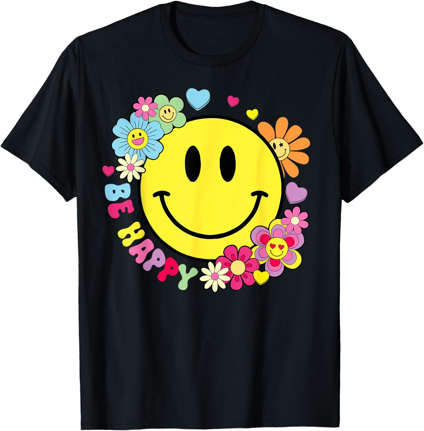 Be Happy Yellow Smile Face Hippie Smiling Face Groovy Retro T-Shirt