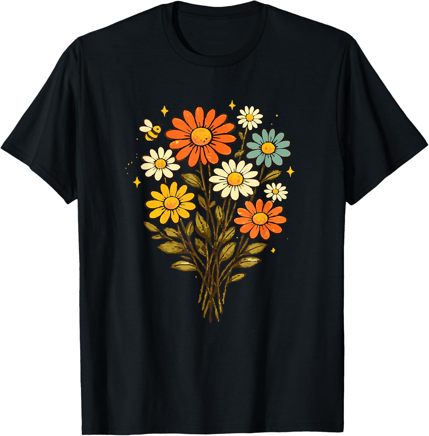 Bee and Daisy Retro Style Flower Graphic T-Shirt
