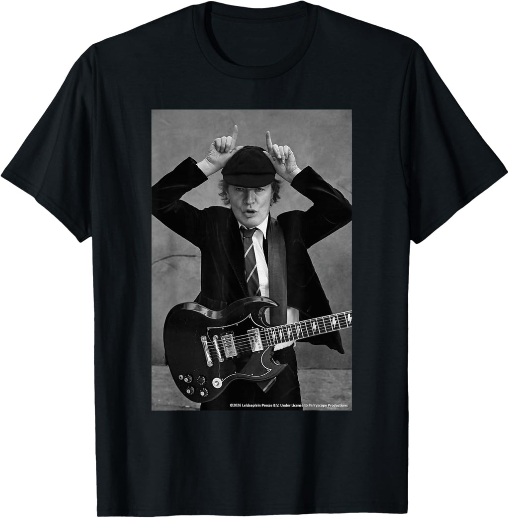 AC DC Rock Icon Black and White Guitar Pose T-Shirt
