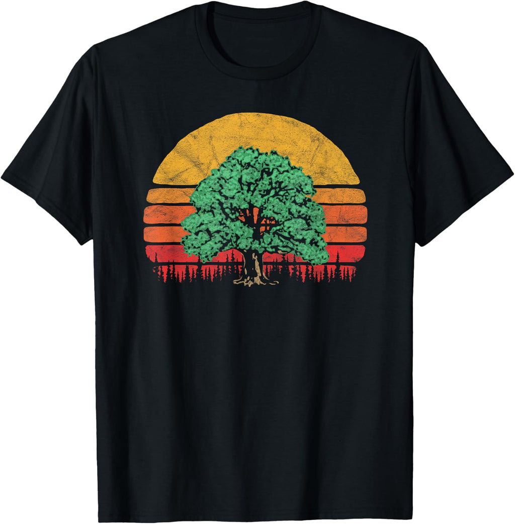 Retro Sun Minimalist Oak Tree Design Graphic T-Shirt