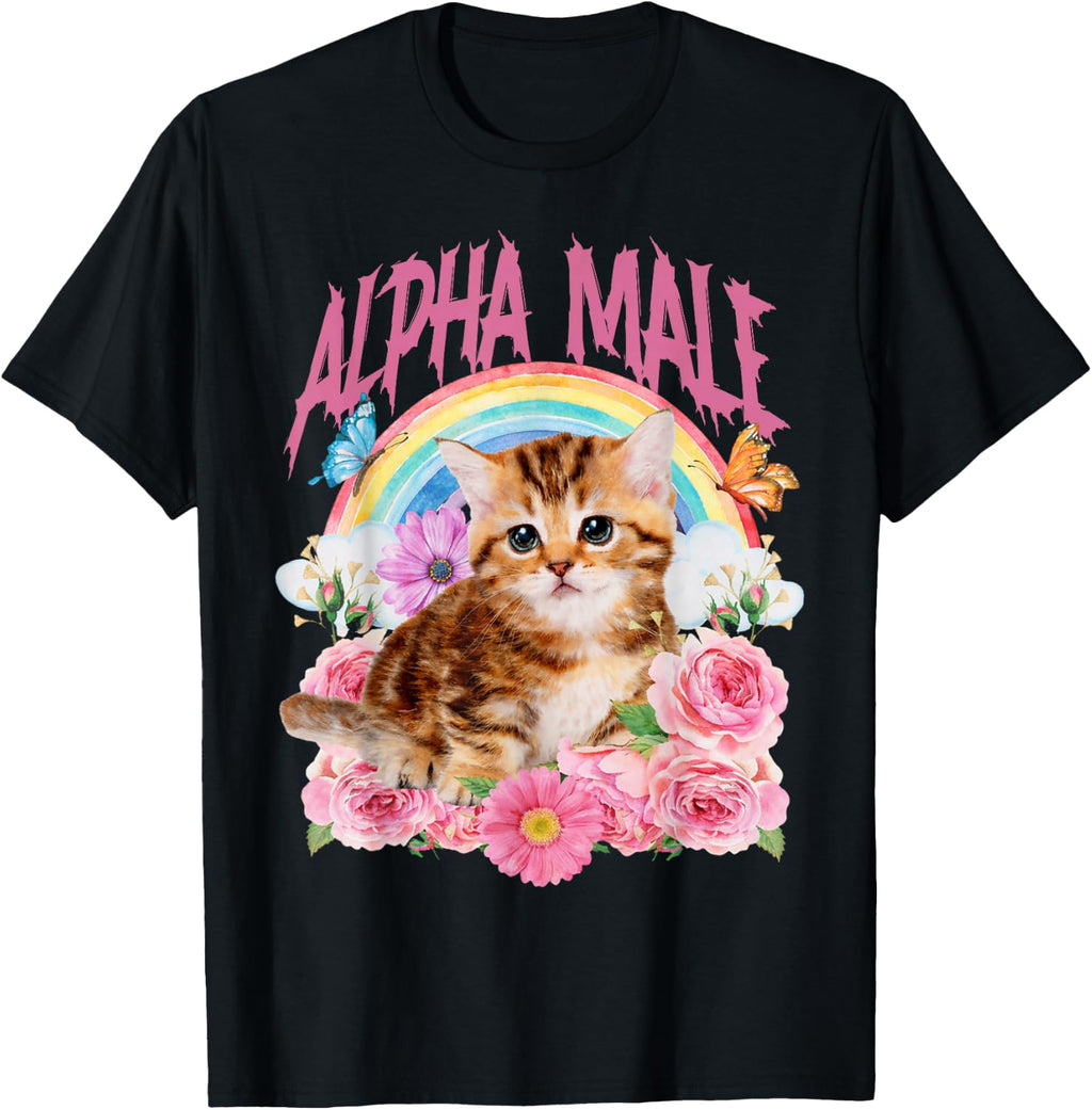 Alpha Male Funny Cat Kitten Rainbow Floral T-Shirt