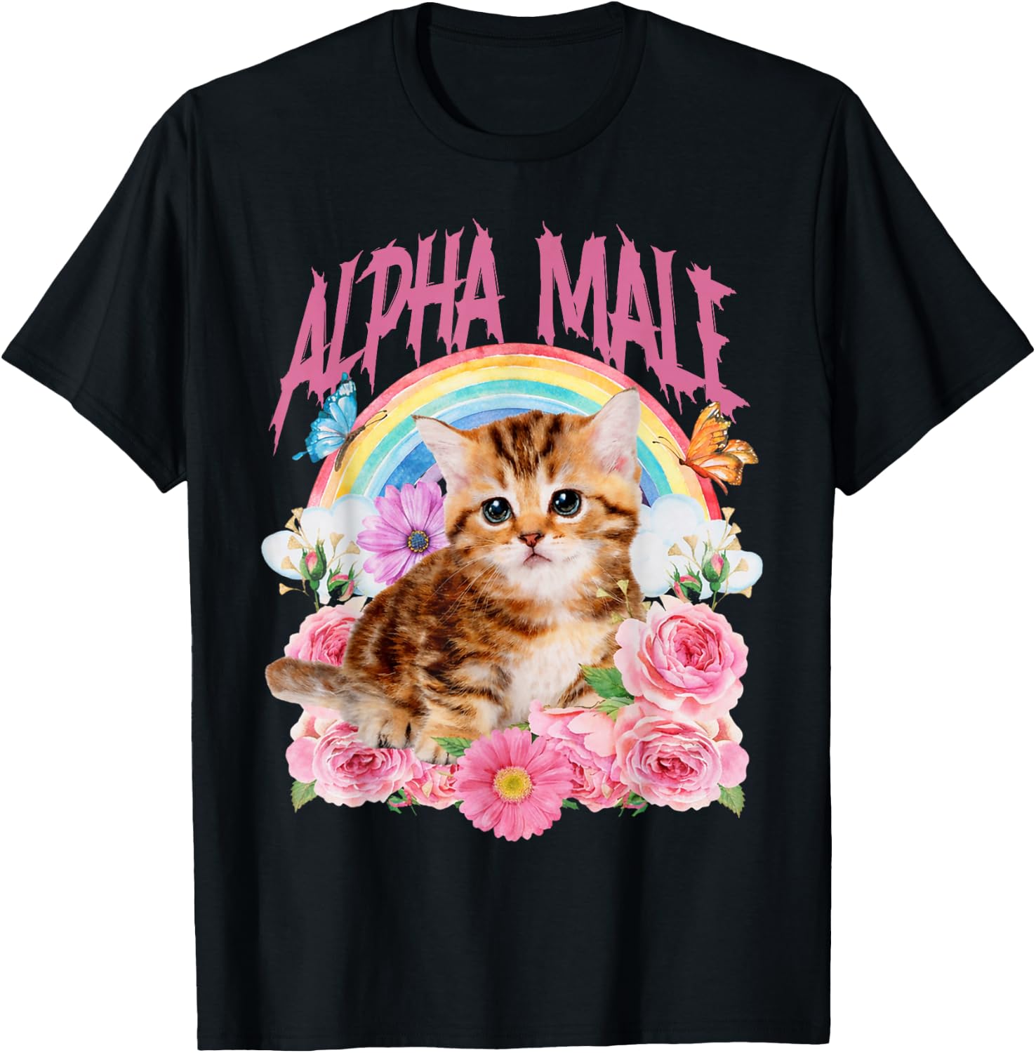 Alpha Male Funny Cat Kitten Rainbow Floral T-Shirt