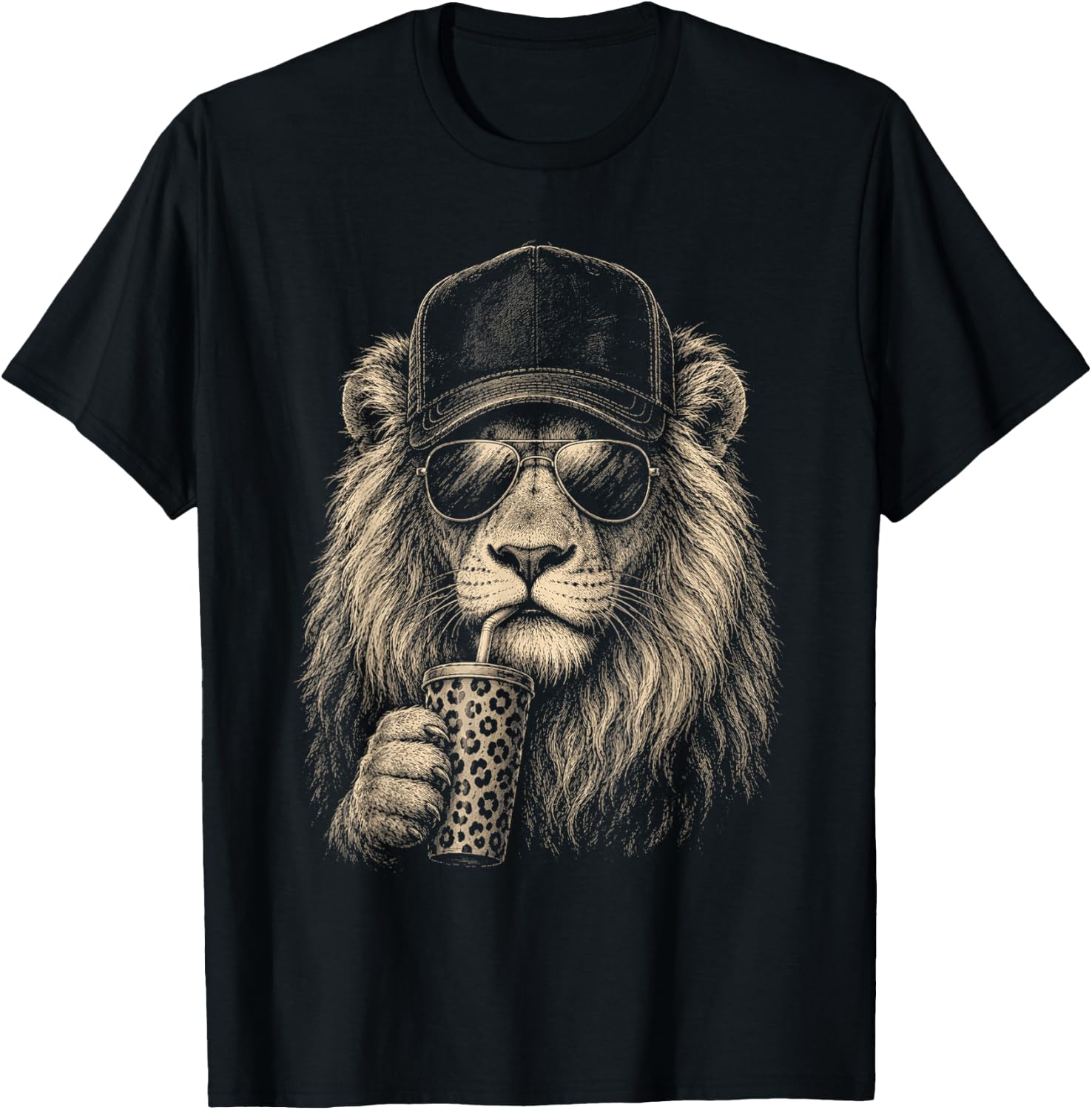 Funny Lion Drinking Bubble Tea Vintage Retro Graphic T-Shirt