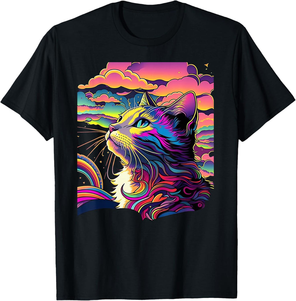 Dinosaurus Rekx Rainbow Cat Graphic Retro T-Shirt - Unisex-Kids, Black, Small