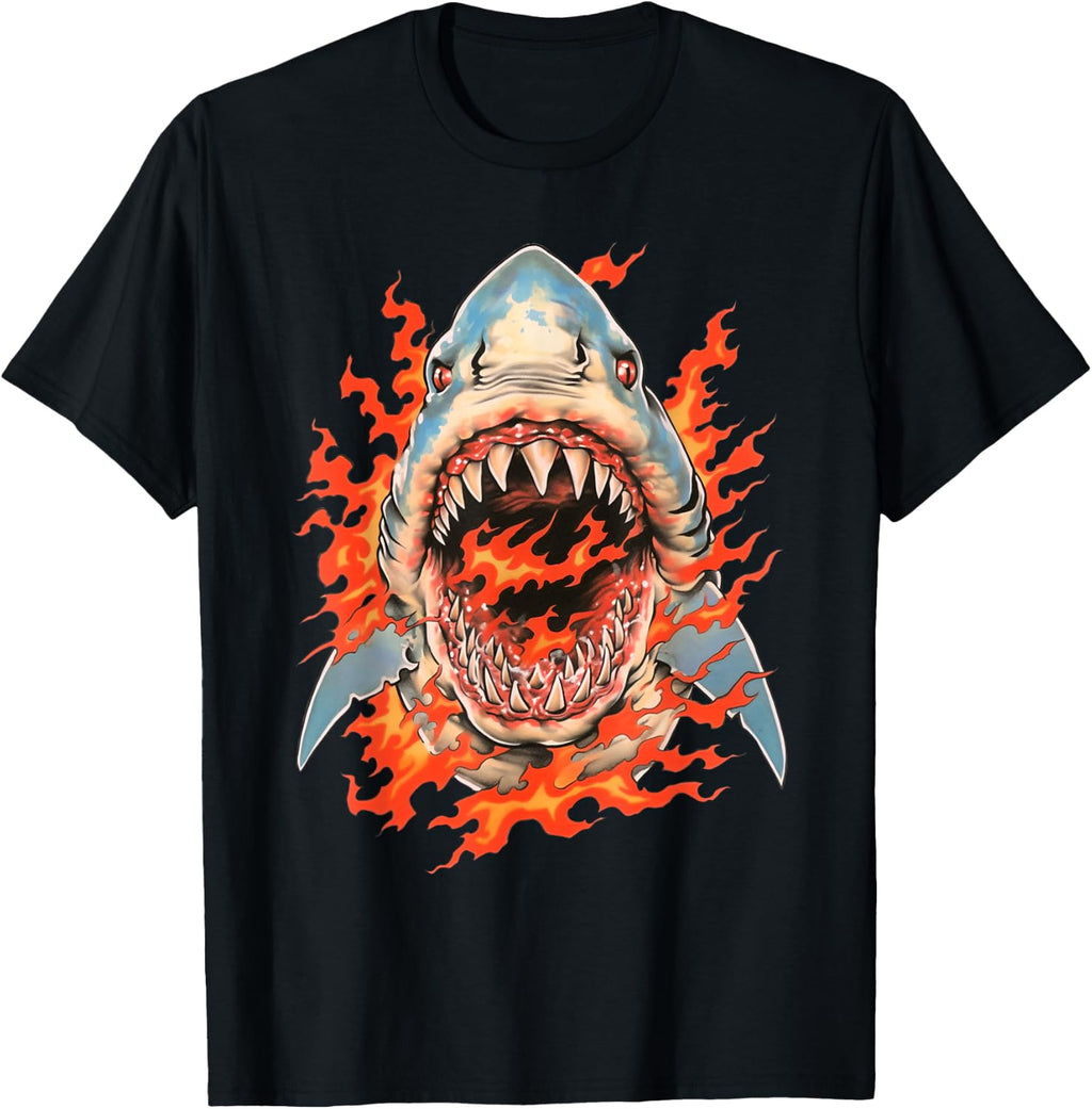 White shark Flames Retro 80s Animal Sharks Angry T-Shirt