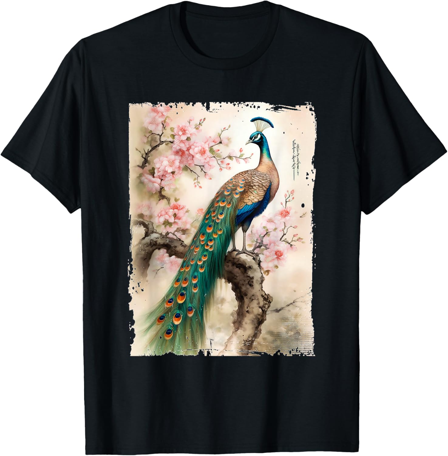 Beautiful Peacock Japanese Cherry Blossom Art T-Shirt