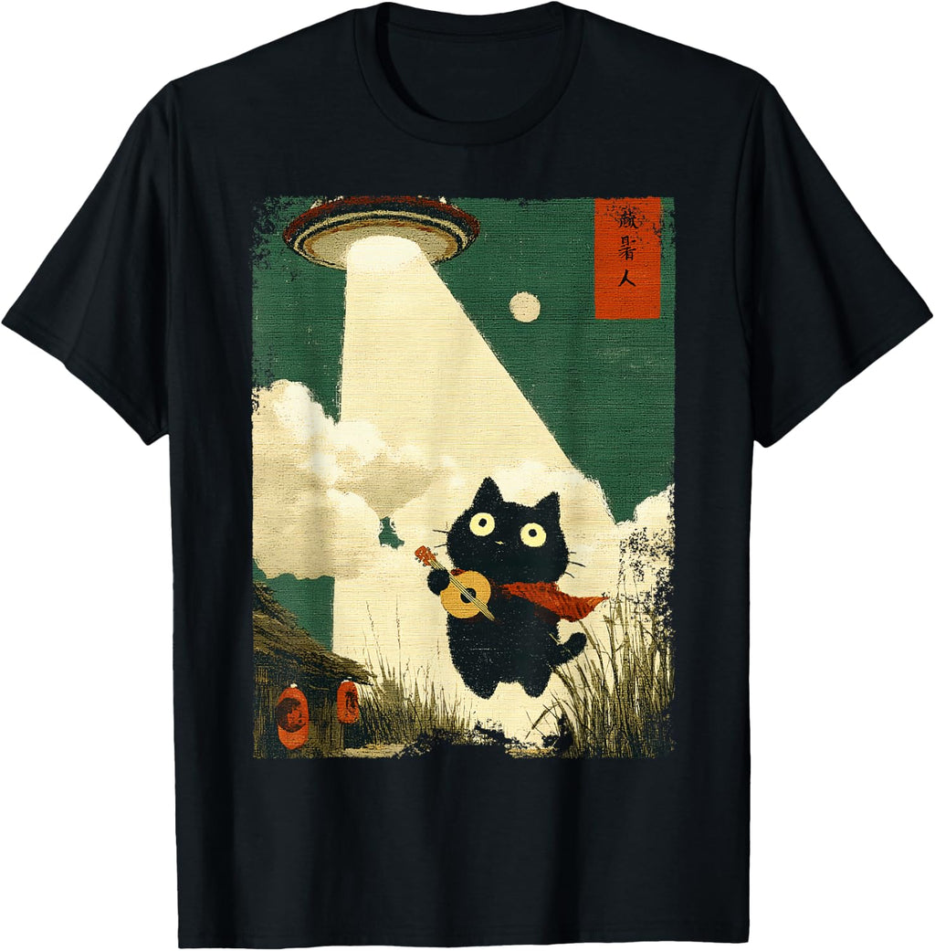 Funny Japanese Cat Abduction Alien UFO Guitar Ukulele Music T-Shirt