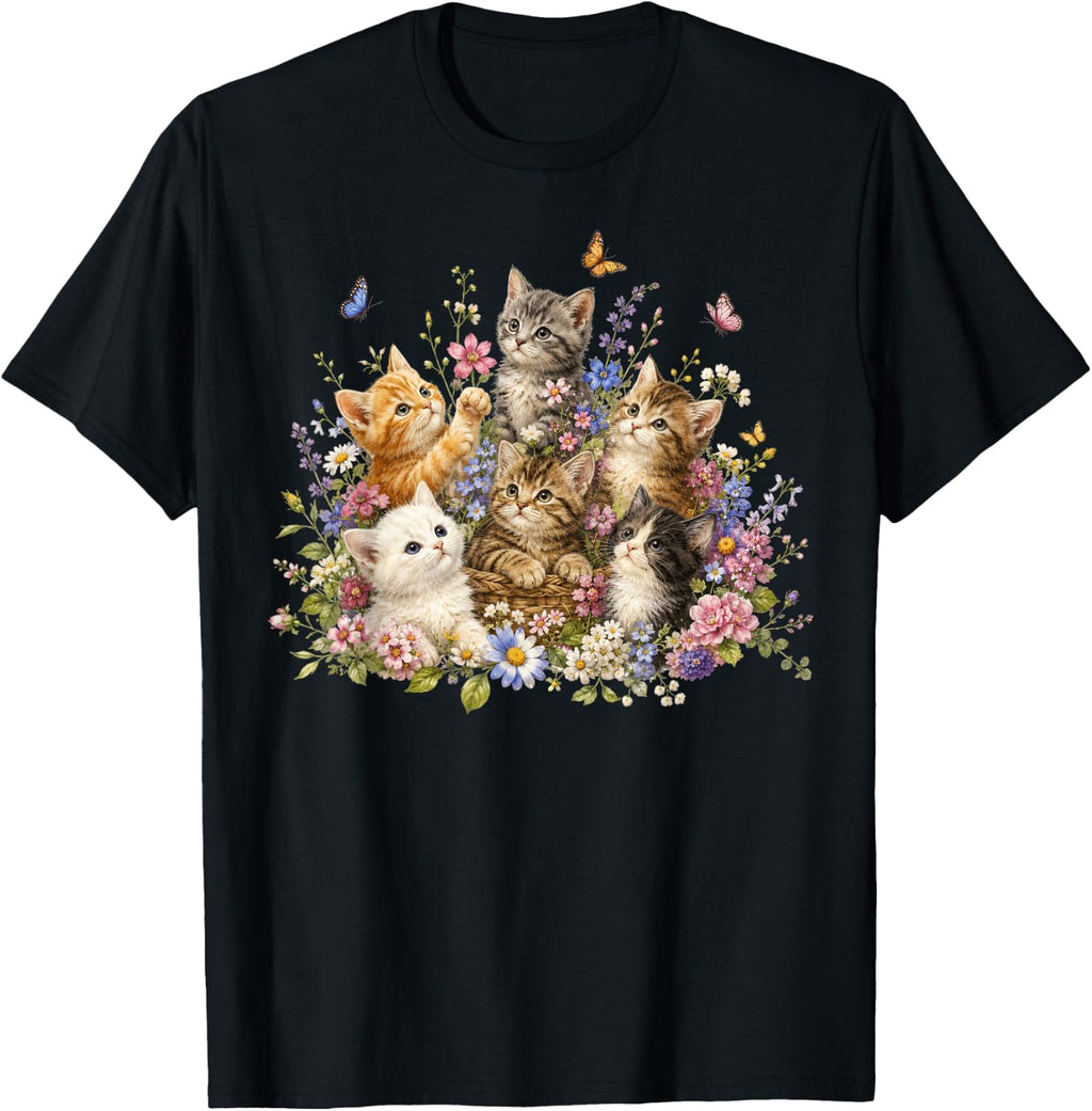 Cat Flower Cute Kitten Wildflower Watercolor Cat Lover Women T-Shirt