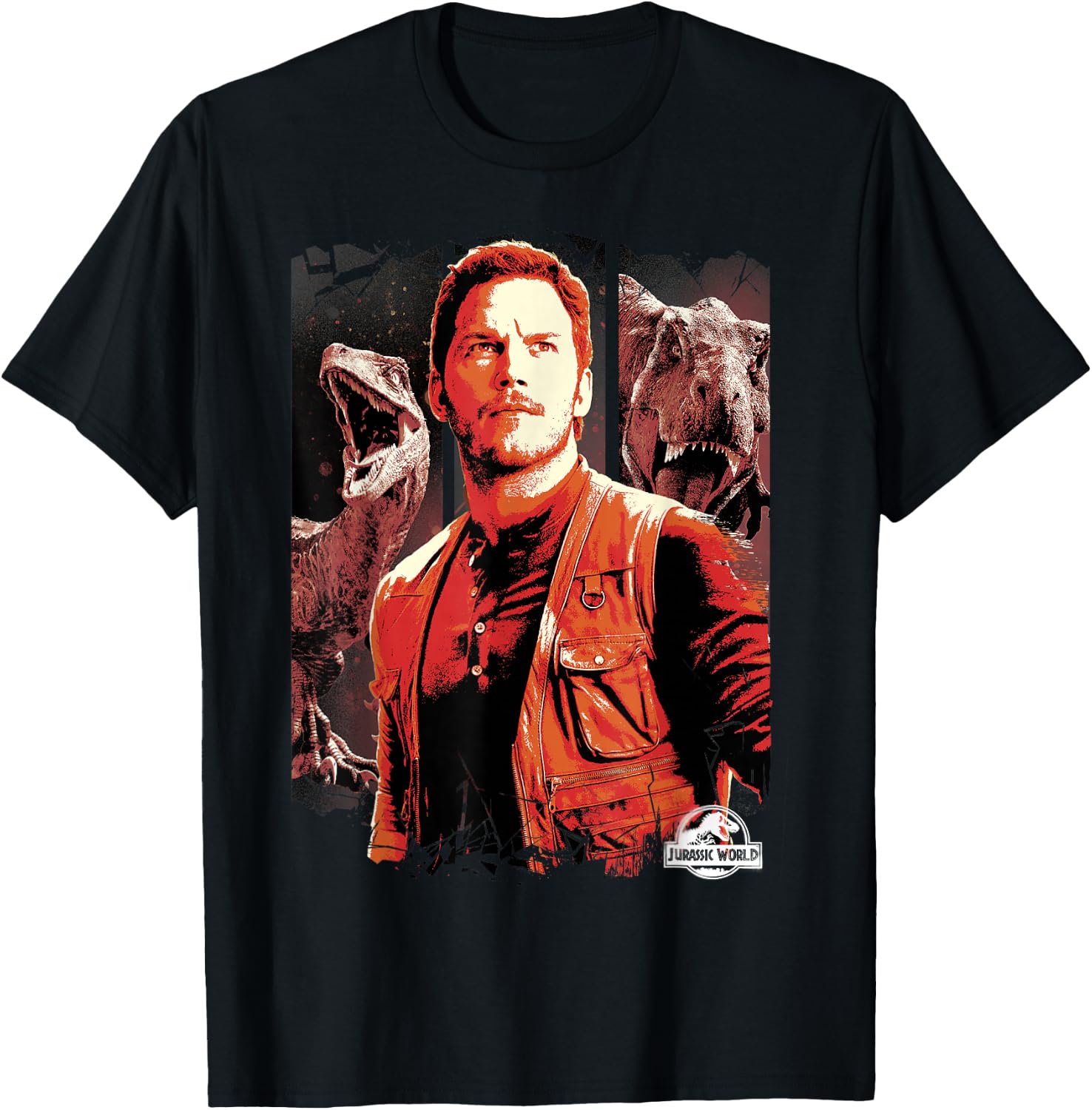 Jurassic World 2 Owen and Dinosaurs Red Hue Panel Portrait T-Shirt