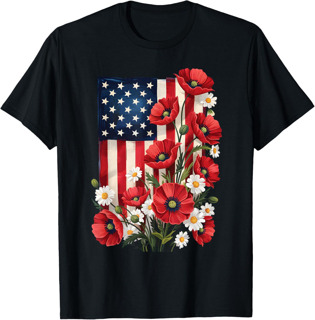American Flag Red Poppies and White Daisies Patriotic Art T-Shirt