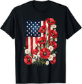 American Flag Red Poppies and White Daisies Patriotic Art T-Shirt