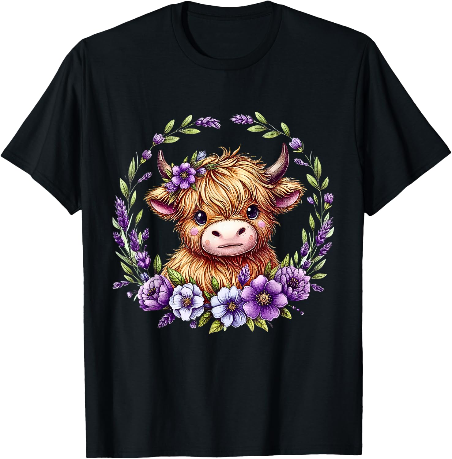 Baby Highland Cow with Purple Flowers Scottish Farm T-Shirt