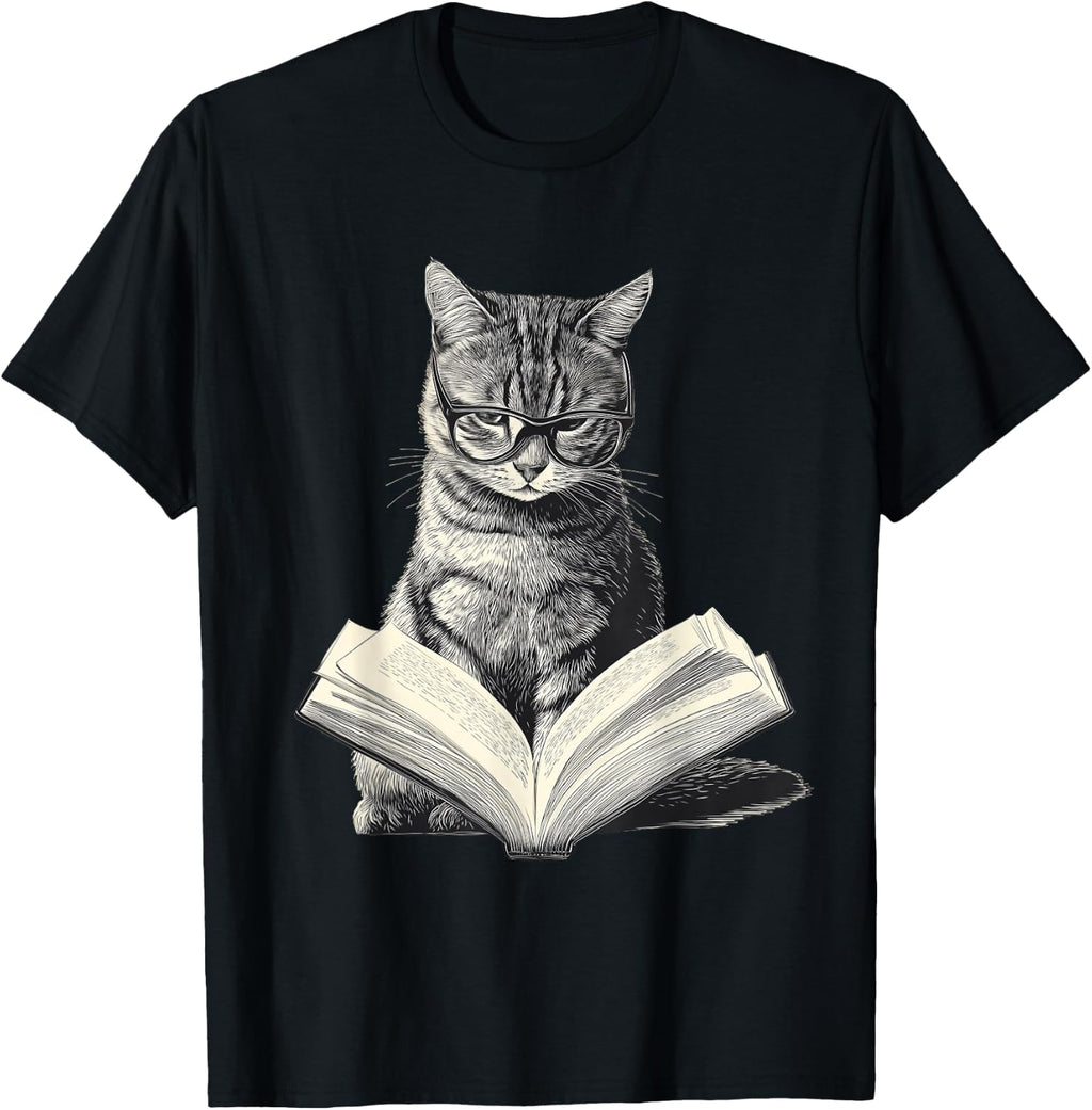 Cat Bookworm Reading Book Funny Graphic T-Shirt