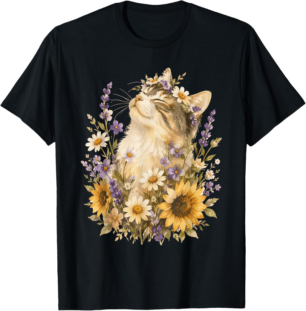 Floral Cat Lover Cute Cat with Flowers Boho Nature Art T-Shirt