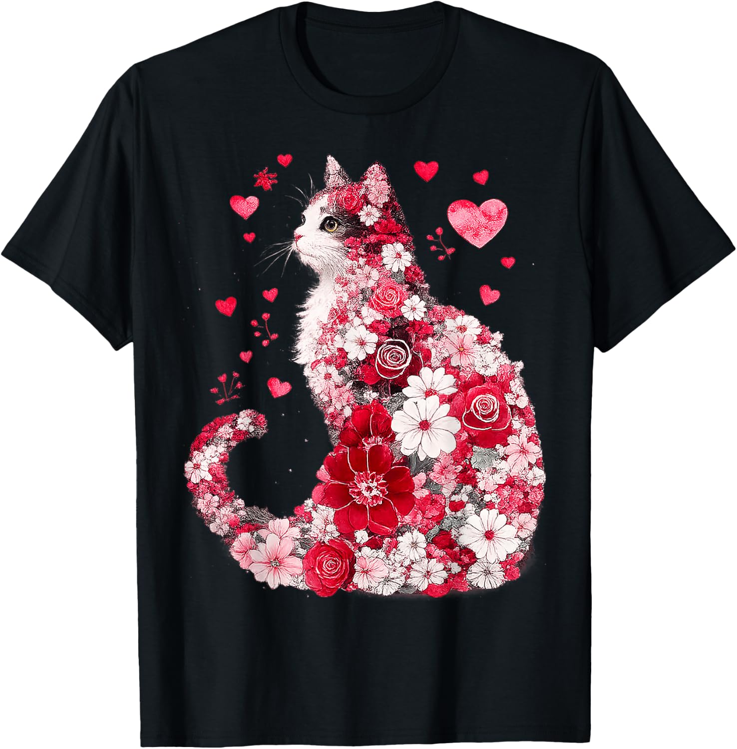 Floral Cat Heart Art Romantic Design Gifts for Girl Women T-Shirt